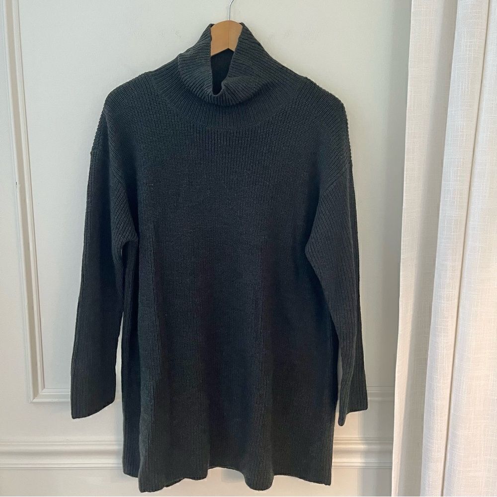 Eileen Fisher Marino Wool Turtleneck Tunic Swearer Dark Gray/Green XS NWT